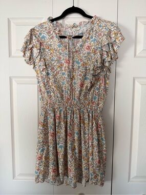 entro Floral Ruffled Short Sleeve Dress in White, Pink, Blue, Yellow
